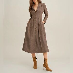 Rihoas Brown A-Line Pleated Midi Dress